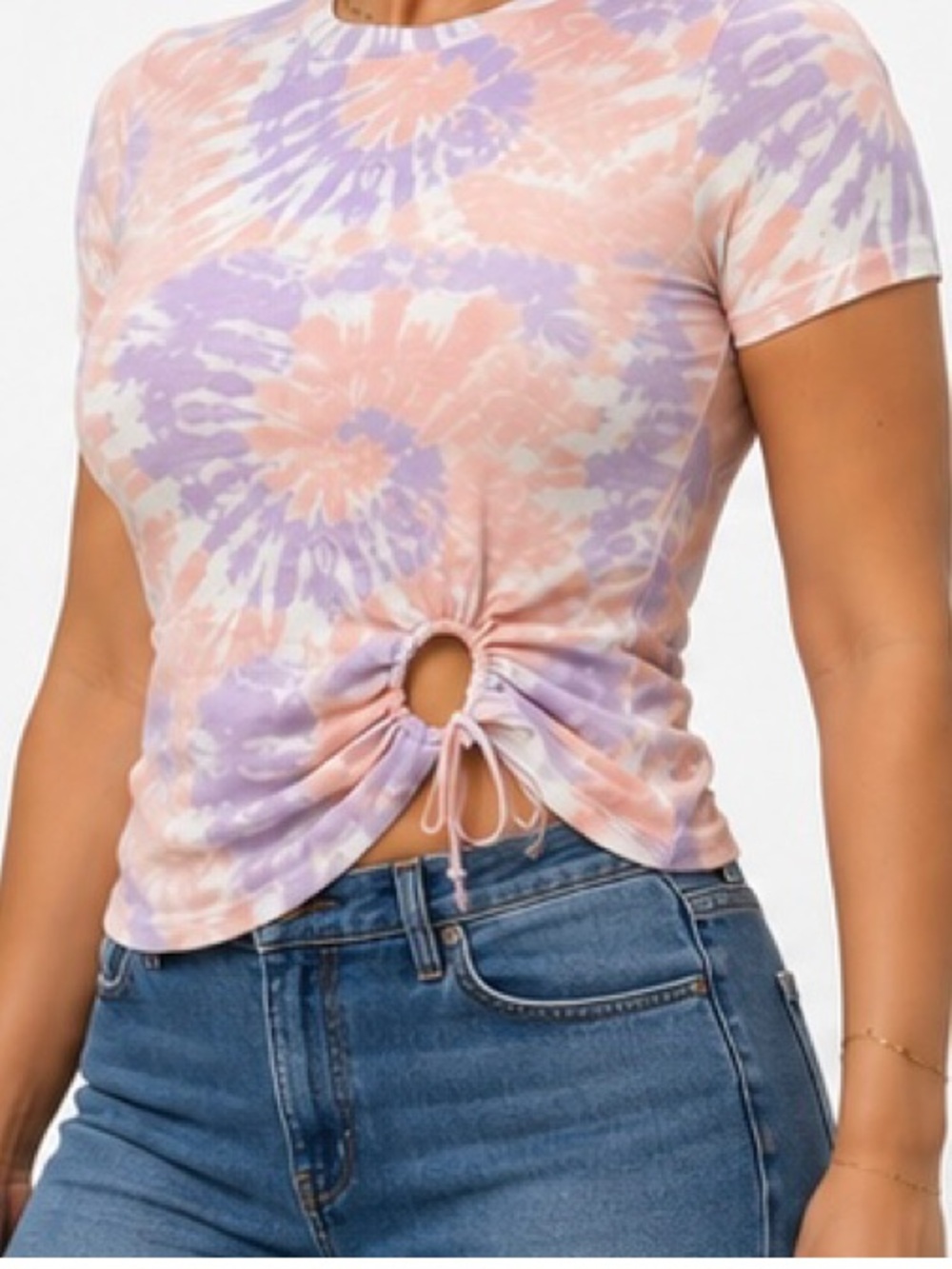 Tie-Dye Drawstring Crop Tee - Lilac & Peach